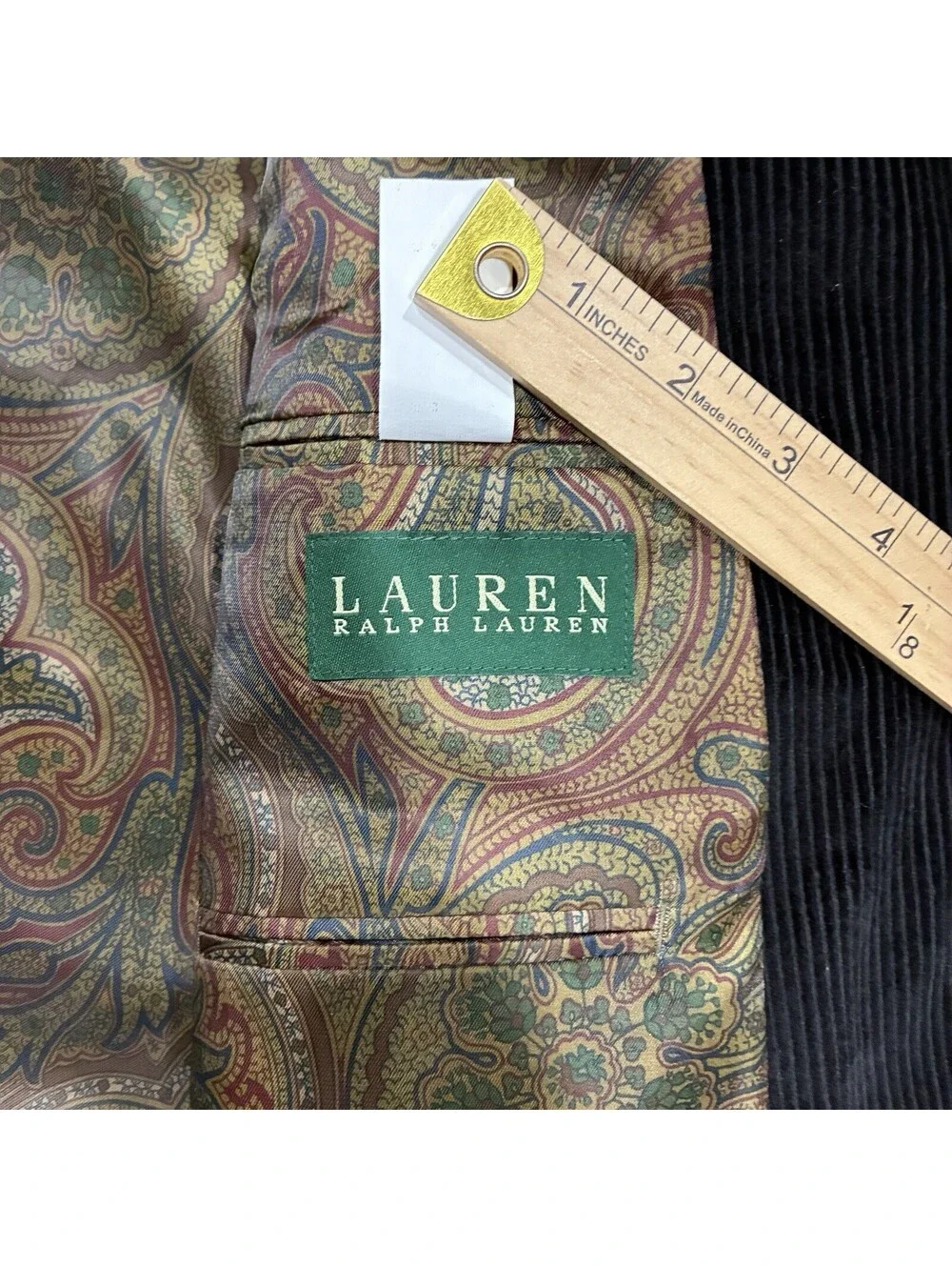 Lauren Ralph Lauren Men's 41R Corduroy Blazer Black Jacket Elbow Patch Paisley